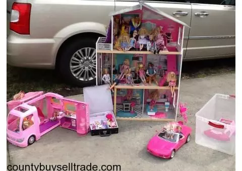 Barbie house, glam camper and corvette